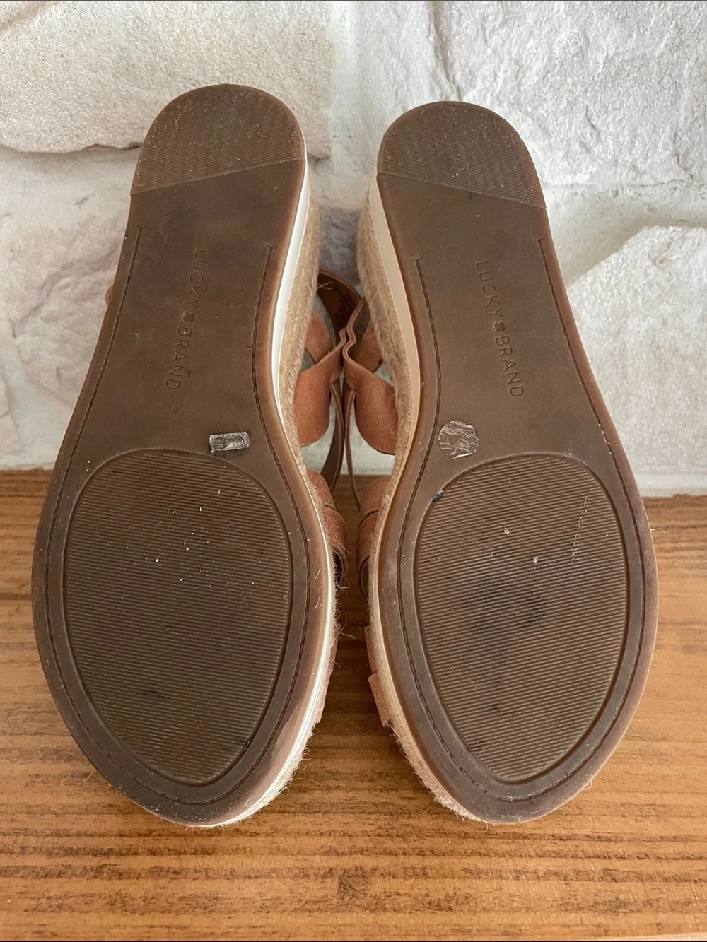 Lucky Brand Peach-Tan Crisscross Espadrille Wedge Sandals